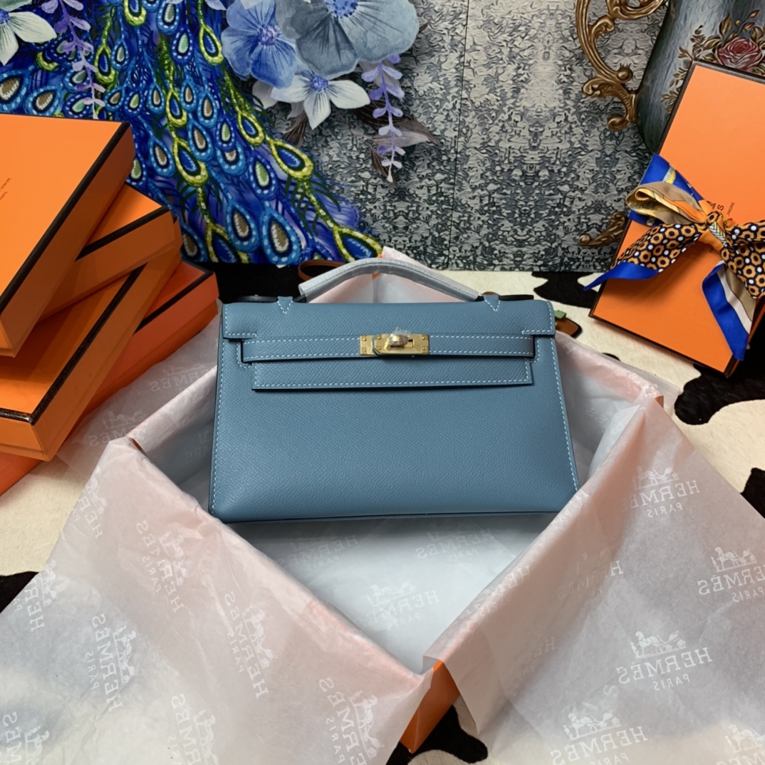 Hermes Mini Kelly Pochette 22cm Bag In Blue Jean Epsom Leather